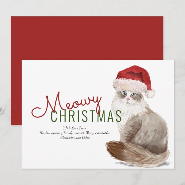Cartes Pour Fêtes Annuelles Meowe Noël Chat sibérien Santa Hat Aquarelle (Devant / Derrière)
