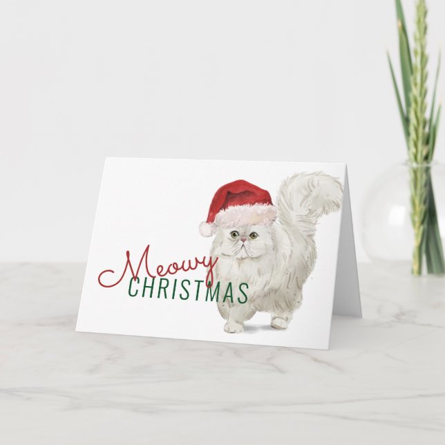 Cartes Pour Fêtes Annuelles Meowny Noël Blanc Chat Perse Aquarelle (Devant)