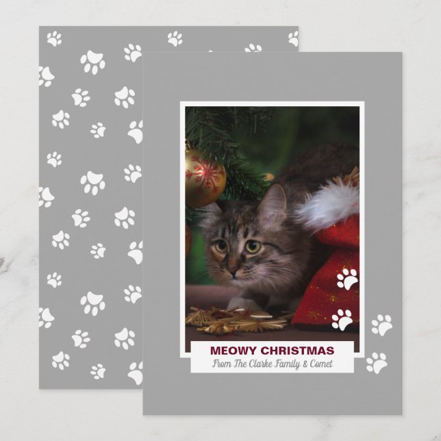 Cartes Pour Fêtes Annuelles Meowy Christmas Chat White Empreintes de pattes An (Devant / Derrière)