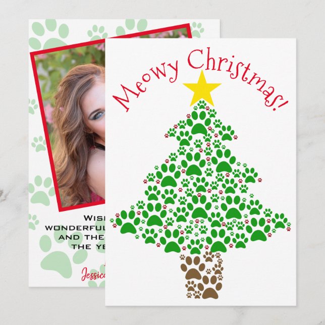 Cartes Pour Fêtes Annuelles Meowy Christmas Jote Amusant Empreinte de patte Tr (Devant / Derrière)