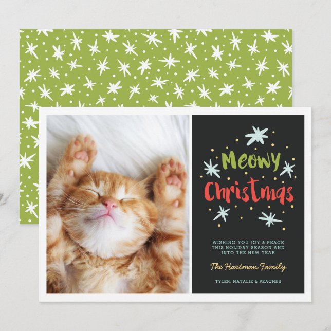 Cartes Pour Fêtes Annuelles Meowy Christmas Kitty Modern Christmas Photo Green (Devant / Derrière)