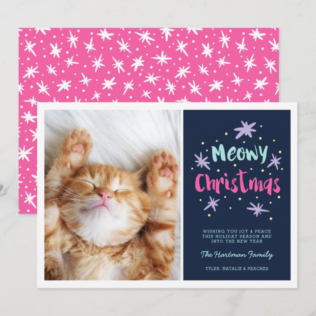 Cartes Pour Fêtes Annuelles Meowy Christmas Kitty moderne Photo de Noël rose (Devant / Derrière)