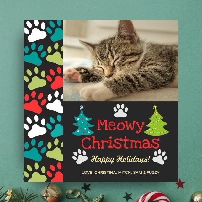 Cartes Pour Fêtes Annuelles Meowy Christmas Tree Doodle Empreinte de patte Pho (Créateur téléchargé)