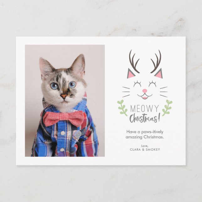 Cartes Pour Fêtes Annuelles Meowy Christmas Whimsical Chat avec Antlers Photo (Devant)