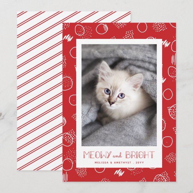 Cartes Pour Fêtes Annuelles Meowy et Bright | Rouge | Photo pour animaux (Devant / Derrière)