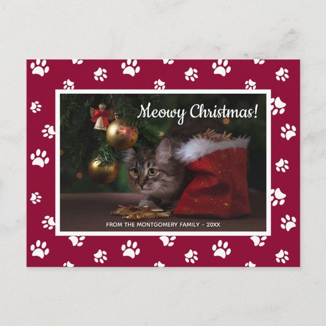 Cartes Pour Fêtes Annuelles Meowy Noël ! Cute White Empreintes de pattes photo (Devant)