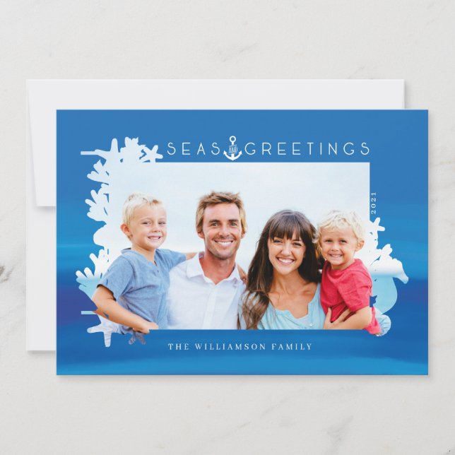Cartes Pour Fêtes Annuelles Mer Bleue Nautique & Salutations Ocean Photo Cadre (Devant)