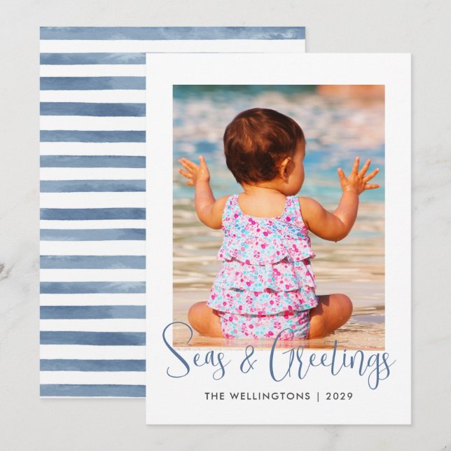 Cartes Pour Fêtes Annuelles Mer côtière et salutations Photo Aqua Bleu rayé (Devant / Derrière)
