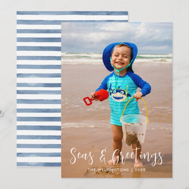Cartes Pour Fêtes Annuelles Mer côtière et salutations|White Photo Flat (Devant / Derrière)