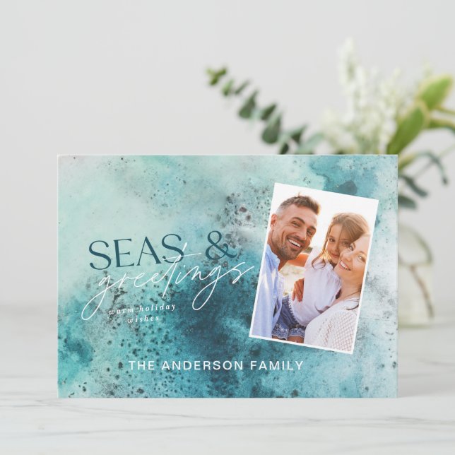 Cartes Pour Fêtes Annuelles Mer de Noël Turquoise & salutations moderne chic H (Debout devant)