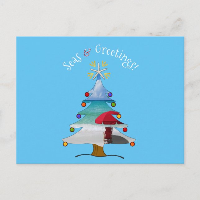 Cartes Pour Fêtes Annuelles Mer et salutations amusantes Plage de photos Noël (Devant)