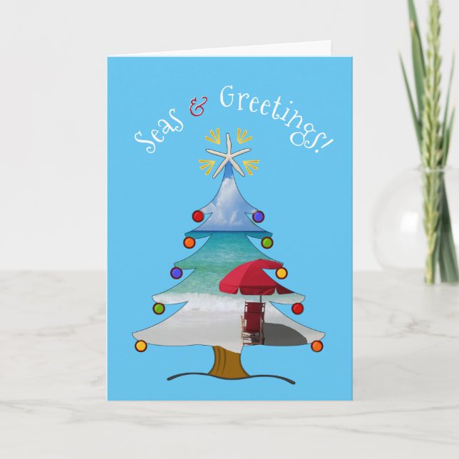 Cartes Pour Fêtes Annuelles Mer et salutations amusantes Plage de photos Noël (Devant)