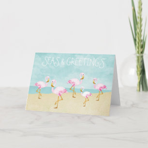 Cartes Pour Fêtes Annuelles Mer et salutations Aquarelle Flamants roses roses
