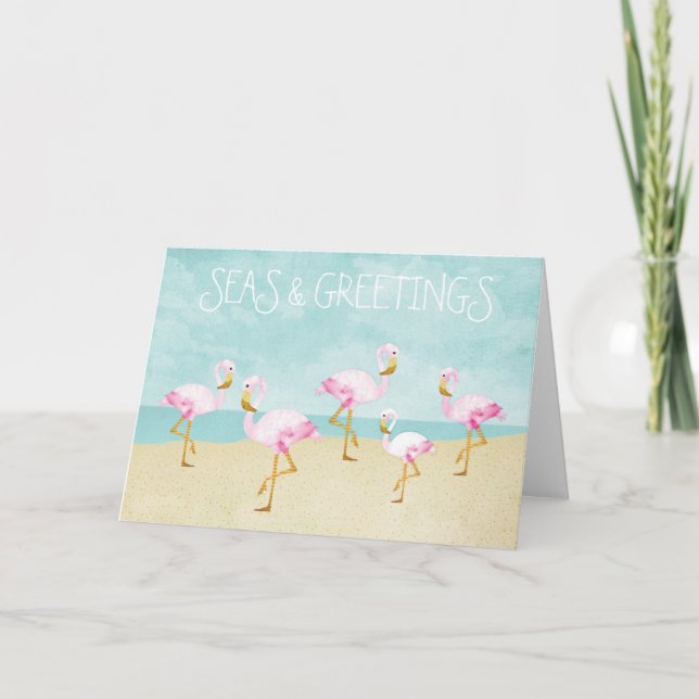 Cartes Pour Fêtes Annuelles Mer et salutations Aquarelle Flamants roses roses (Devant)