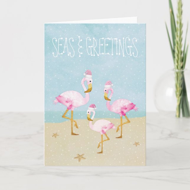 Cartes Pour Fêtes Annuelles Mer et salutations Aquarelle Flamants roses roses (Devant)