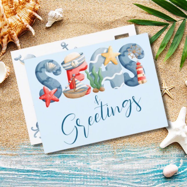 Cartes Pour Fêtes Annuelles Mer et salutations Aquarelle marine (Créateur téléchargé)