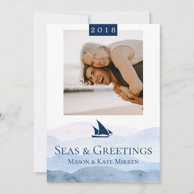 Cartes Pour Fêtes Annuelles Mer et salutations Aquarelle Vagues photo unique (Devant)