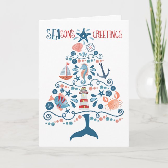 Cartes Pour Fêtes Annuelles Mer nautique et salutations Plage Arbre de Noël (Devant)
