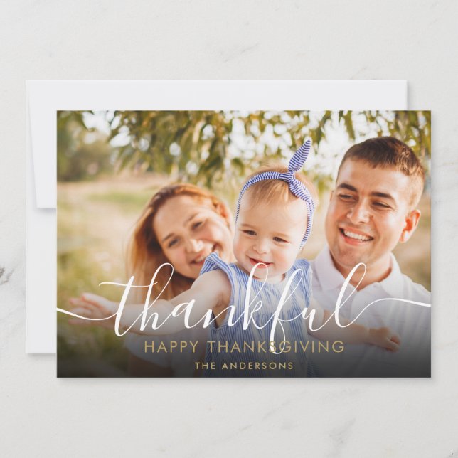 Cartes Pour Fêtes Annuelles Merci Élégant Script Photo Thanksgiving (Devant)
