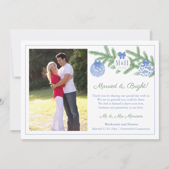 Cartes Pour Fêtes Annuelles Merci Mariage Marié Et Lumineux Deux Photos (Devant)