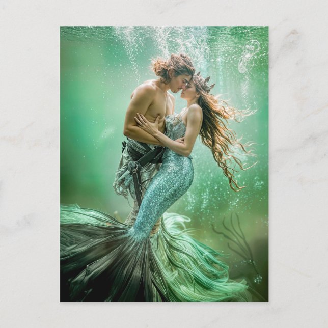 Cartes Pour Fêtes Annuelles Mermaid et Merman Couple Underwater Embrasser (Devant)