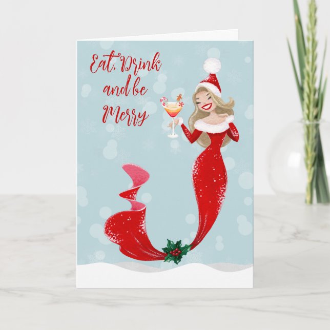 Cartes Pour Fêtes Annuelles Mermaid Joyeux Noël Manger Boire Joyeux (Devant)