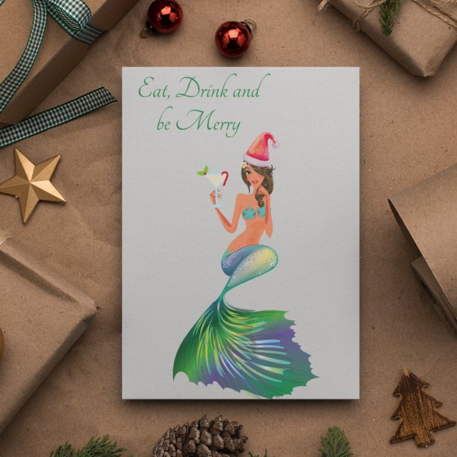 Cartes Pour Fêtes Annuelles Mermaid Mange Boire et Soyez Joyeux Noël (Créateur téléchargé)