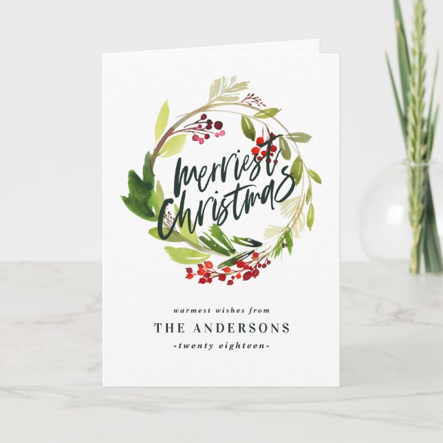 Cartes Pour Fêtes Annuelles Merriante couronne d'aquarelle de Noël (Devant)