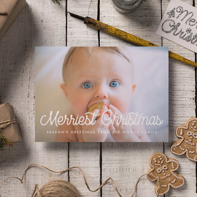 Cartes Pour Fêtes Annuelles Merriest Christmas Retro script photo de famille (Créateur téléchargé)