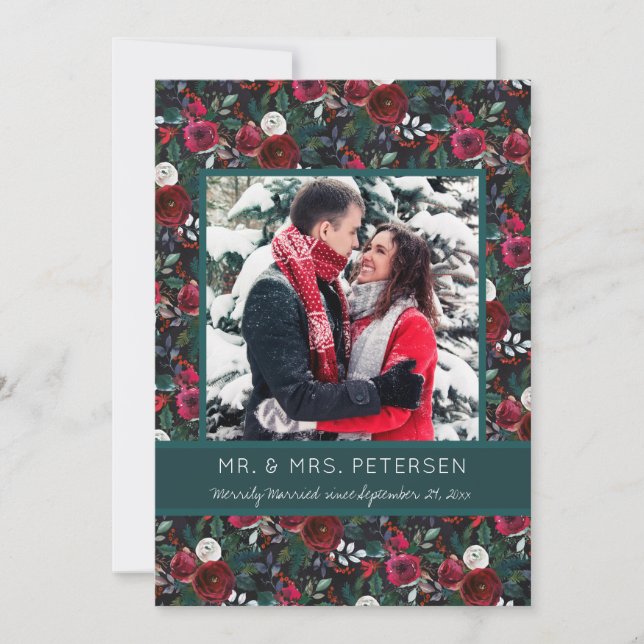 Cartes Pour Fêtes Annuelles Merrily mariée Green Bourgogne Photo de Noël (Devant)