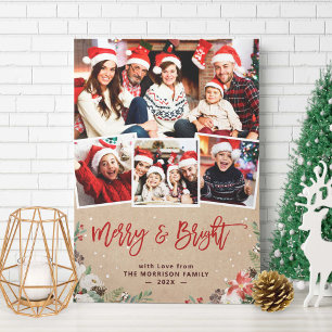 Cartes Pour Fêtes Annuelles Merry and Bright Floral 4 Photo Christmas Kraft