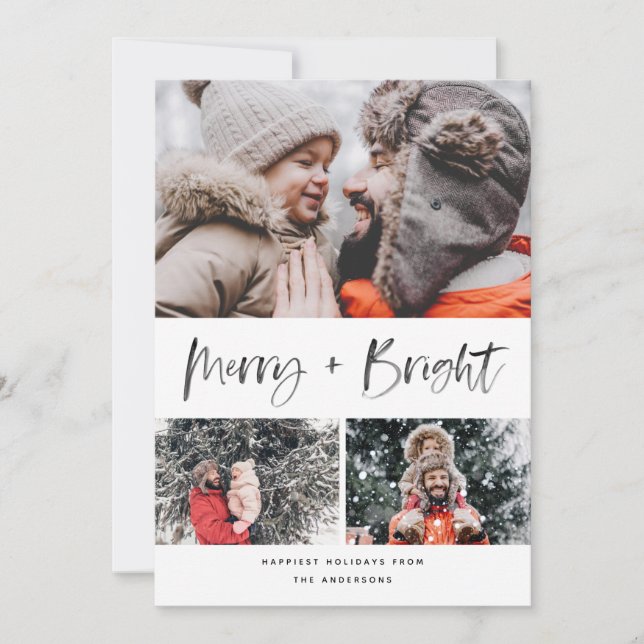 Cartes Pour Fêtes Annuelles Merry and Bright Modern Brush Script Collage Photo (Devant)