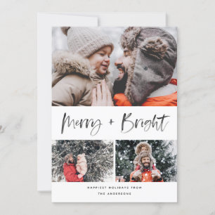 Cartes Pour Fêtes Annuelles Merry and Bright Modern Brush Script Collage Photo