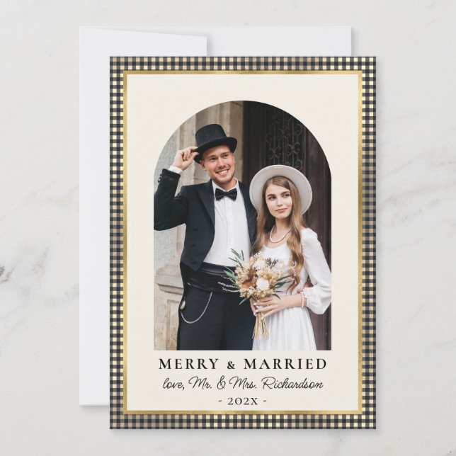 Cartes Pour Fêtes Annuelles Merry and Married Arch Photo Black Gold Plaid  (Devant)