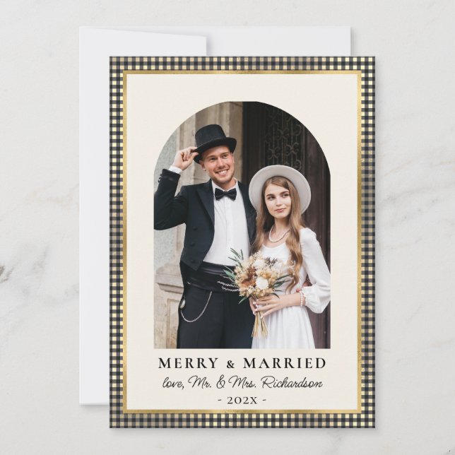 Cartes Pour Fêtes Annuelles Merry and Married Arch Photo Black Gold Plaid  (Devant)