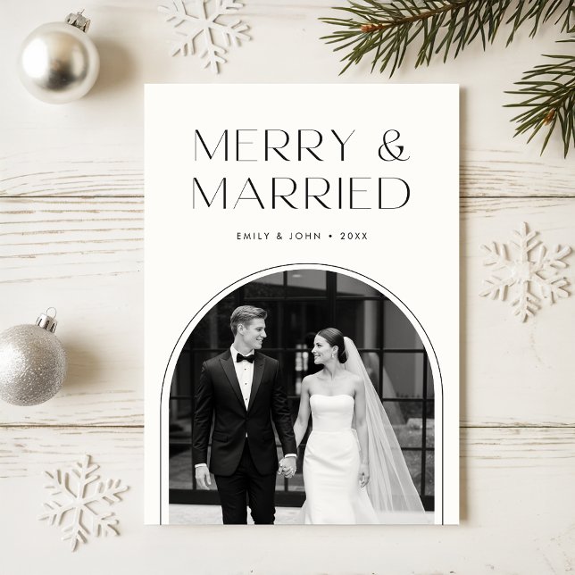 Cartes Pour Fêtes Annuelles Merry And Married Black And White Photo Christmas (Créateur téléchargé)