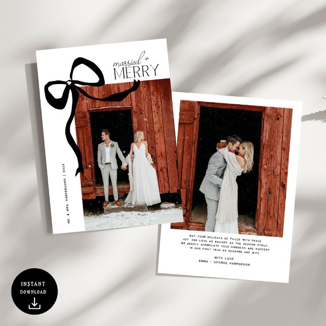 Cartes Pour Fêtes Annuelles Merry and Married Script Photo Christmas Bow (Créateur téléchargé)