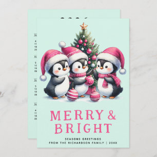 Cartes Pour Fêtes Annuelles Merry & Bright Mint et Pingouin de Noël rose