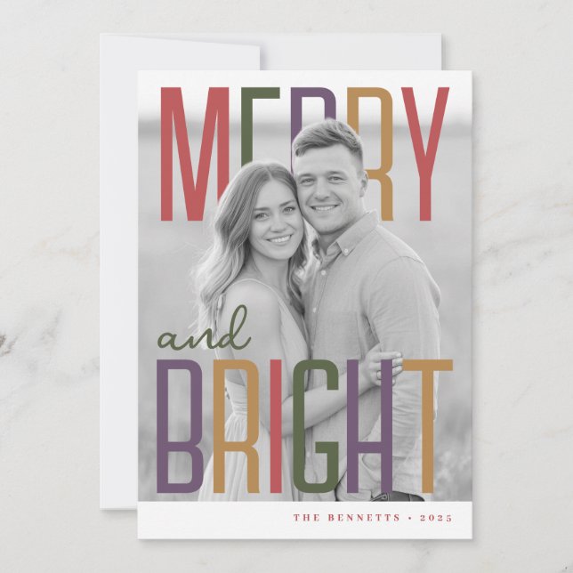 Cartes Pour Fêtes Annuelles Merry & Bright Modern Colorful Photo Holiday Card (Devant)