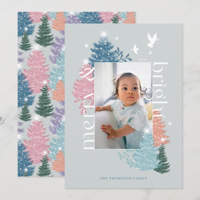 Cartes Pour Fêtes Annuelles Merry & Bright Pastel Christmas Tree Forest Photo (Devant / Derrière)