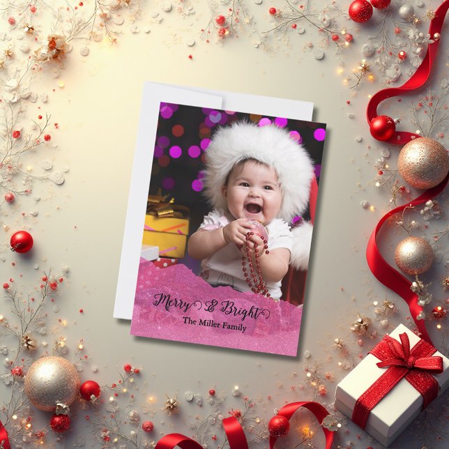 Cartes Pour Fêtes Annuelles Merry & Bright Pink Glitter Christmas Photo  (Créateur téléchargé)