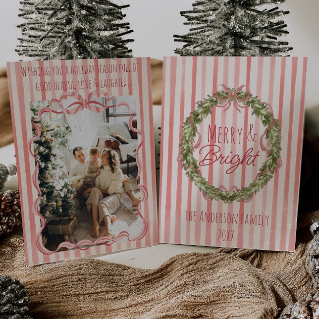 Cartes Pour Fêtes Annuelles Merry & Bright Stripes de Noël Bow Wreath (Créateur téléchargé)
