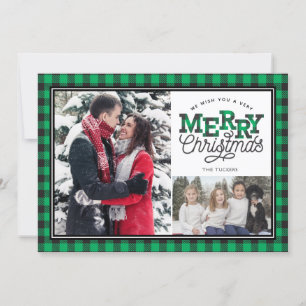 Cartes Pour Fêtes Annuelles MERRY Buffalo de Noël Plaid vert 2-Photo