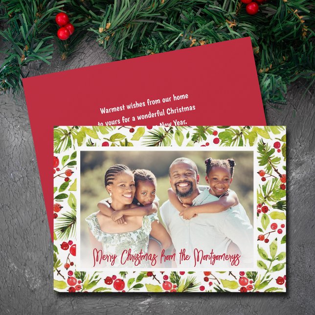Cartes Pour Fêtes Annuelles Merry Christmas Berries & Greenery Photo (Red berries and greenery Merry Christmas photo cards, PRINTED and/or INSTANT DOWNLOAD)