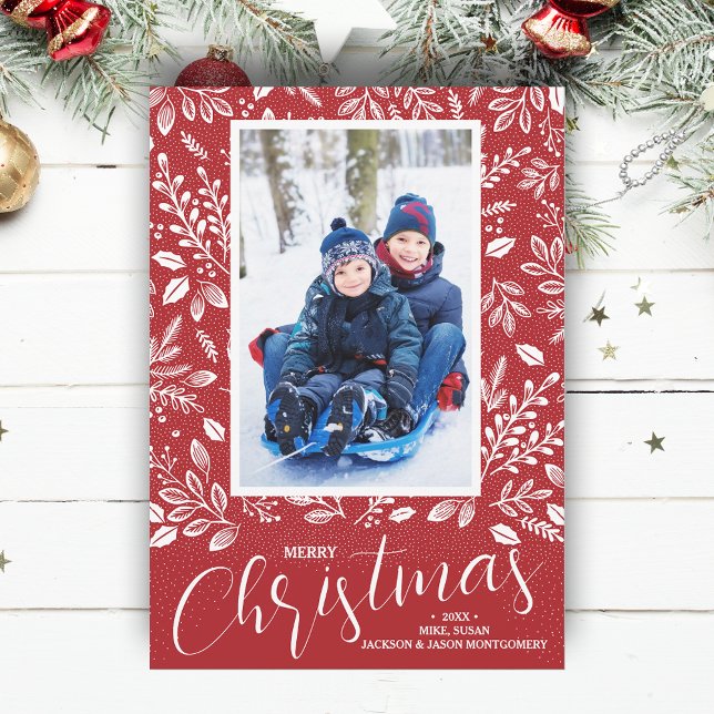 Cartes Pour Fêtes Annuelles Merry Christmas Botanicals on Red Photo (White botanicals on red Merry Christmas photo holiday cards, PRINTED and/or INSTANT DOWNLOAD)
