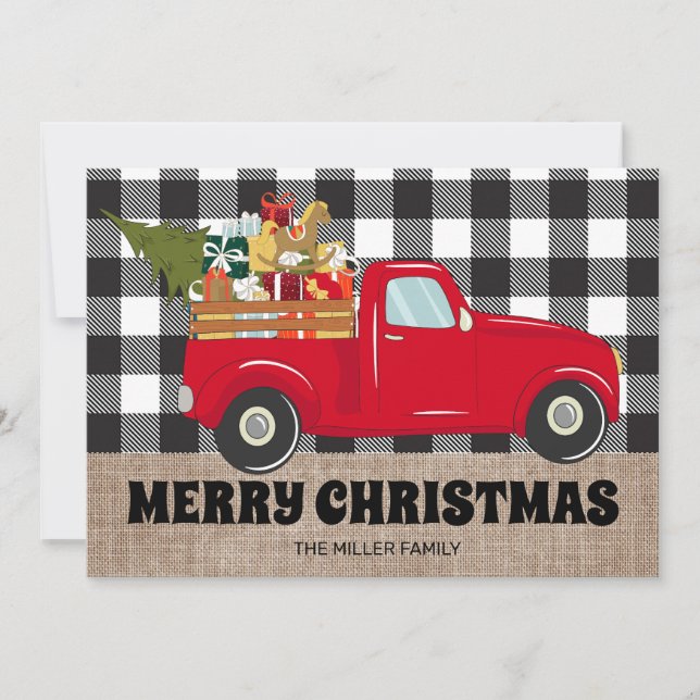 Cartes Pour Fêtes Annuelles Merry Christmas Burlap Buffalo Plaid Camion Photos (Devant)