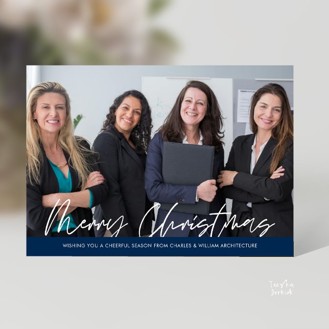 Cartes Pour Fêtes Annuelles Merry Christmas Business Team Photo (Merry Christmas Business Team Photo Modern minimal Holiday Card for Clients in Navy Blue)