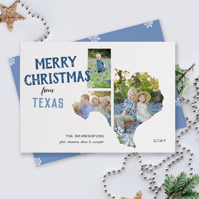 Cartes Pour Fêtes Annuelles Merry Christmas from Texas Three Photo Card (From the state of Texas with love three photo Christmas holiday card and moving announcement)