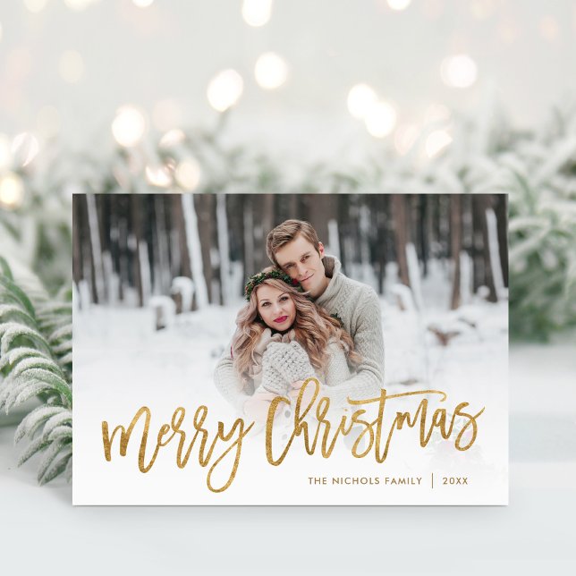 Cartes Pour Fêtes Annuelles Merry Christmas Gold Script Photo Overlay (Créateur téléchargé)
