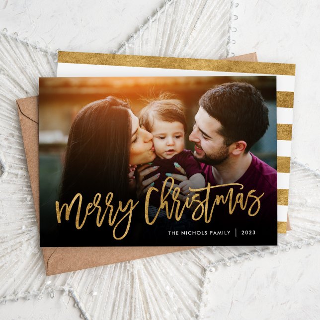 Cartes Pour Fêtes Annuelles Merry Christmas Gold Script Photo Overlay (Créateur téléchargé)